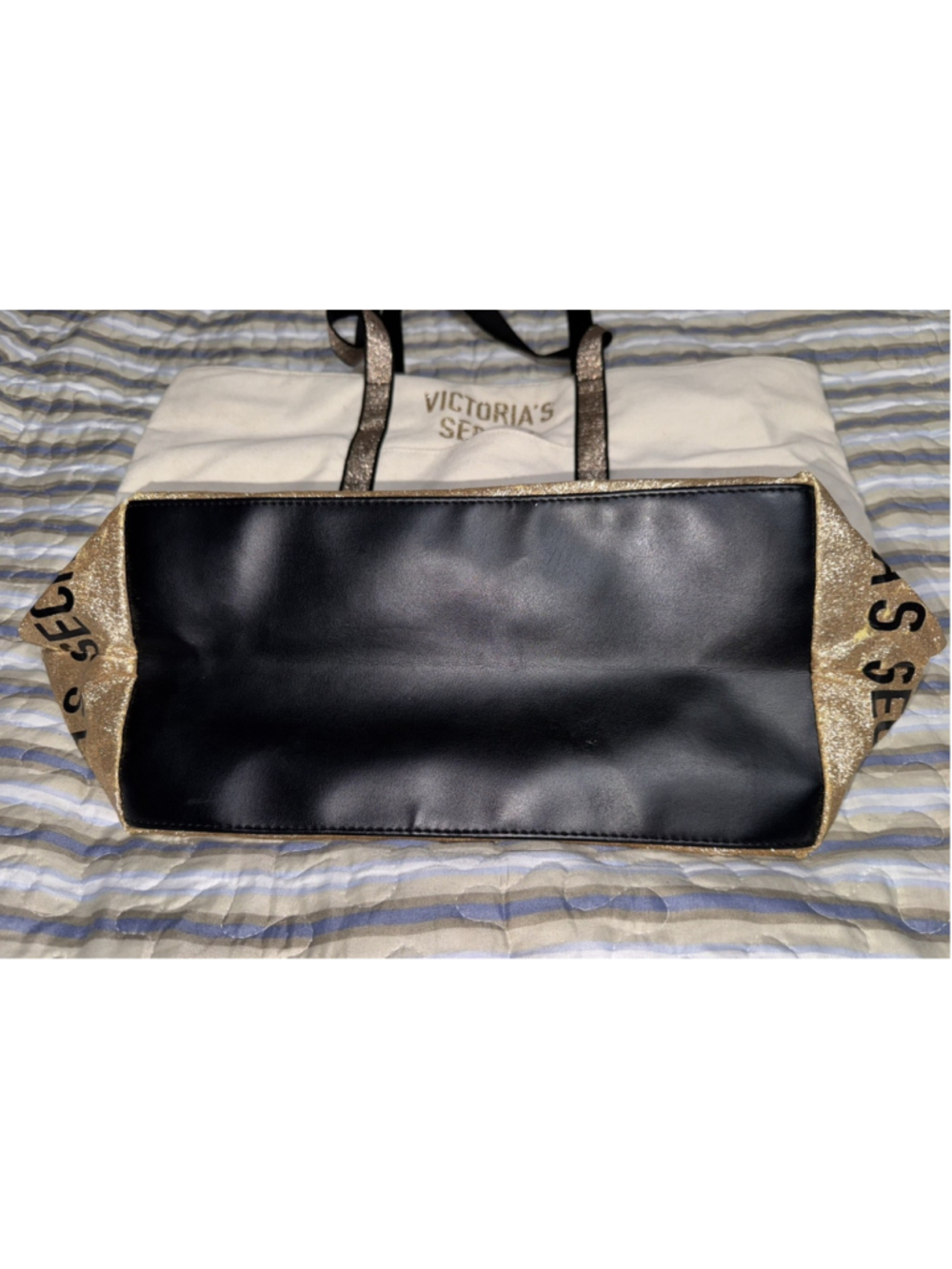 Victoria’s Secret Sparkle Carryall Canvas Tote Bag Weekender Gold Glitter Travel - Picture 9 of 13